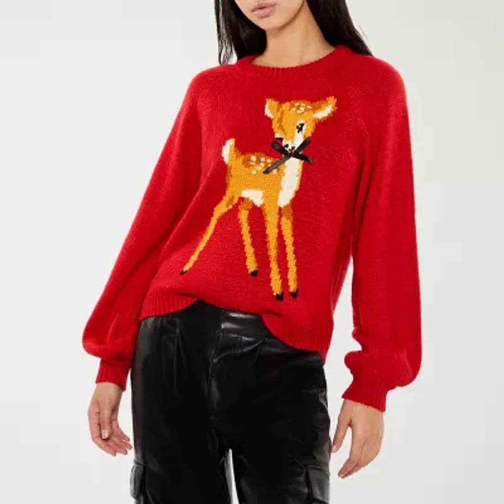 Forever 21 Juniors Reindeer Bow Sweater Womens Crew Neck Long Sleeve Holiday Pullover