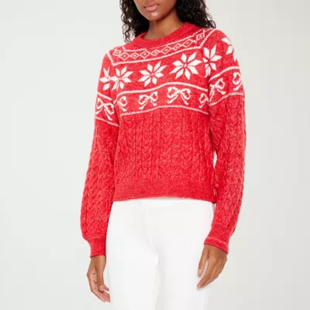 Forever 21 Juniors Fairisle Bow Sweater Womens Crew Neck Long Sleeve Holiday Pullover