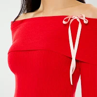 Forever 21 Juniors Off The Shoulder Bow Womens Straight Neck Long Sleeve Pullover Sweater