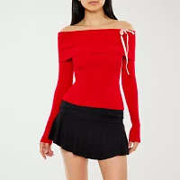 Forever 21 Juniors Off The Shoulder Bow Womens Straight Neck Long Sleeve Pullover Sweater