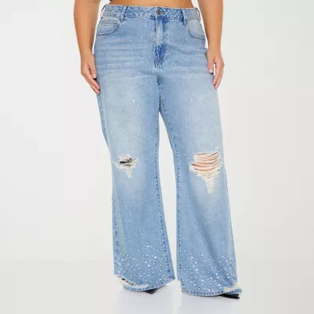 Forever 21 Juniors Destructed Shine Denim Womens High Rise Straight Leg Jean