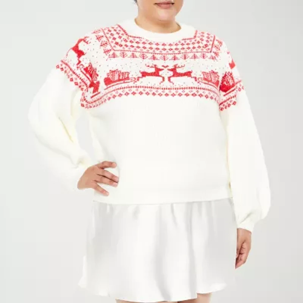 Forever 21 Juniors White Fairisle Sweater Womens Crew Neck Long Sleeve Holiday Pullover