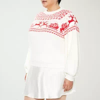 Forever 21 Juniors White Fairisle Sweater Womens Crew Neck Long Sleeve Holiday Pullover