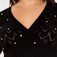 Forever 21 Juniors Plus Rhinestone Cropped Womens V Neck Long Sleeve Pullover Sweater