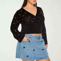 Forever 21 Juniors Plus Rhinestone Cropped Womens V Neck Long Sleeve Pullover Sweater