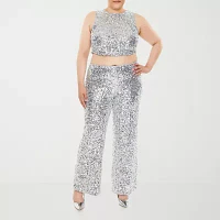 Forever 21-Juniors Plus Sequin Womens High Rise Wide Leg Pull-On Pants