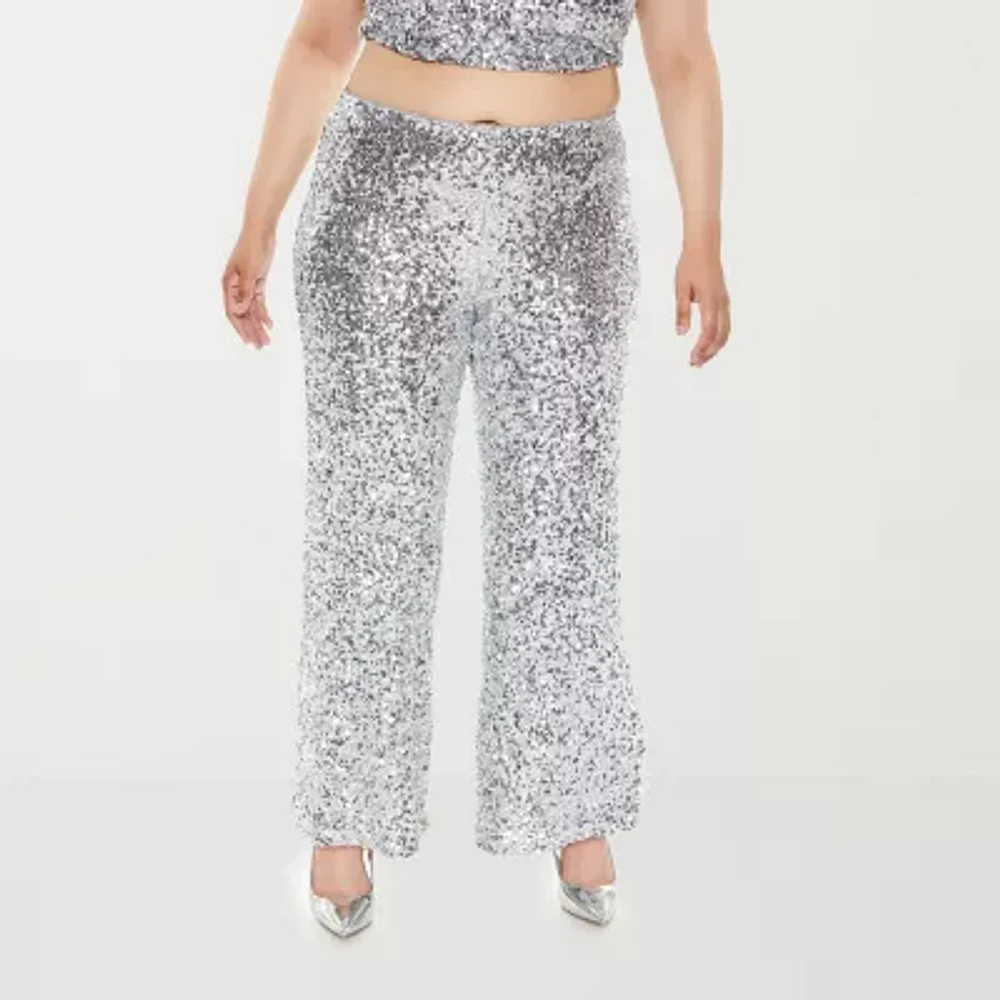 Forever 21-Juniors Plus Sequin Womens High Rise Wide Leg Pull-On Pants