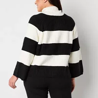 Liz Claiborne Plus Womens Mock Neck Long Sleeve Striped Pullover Sweater