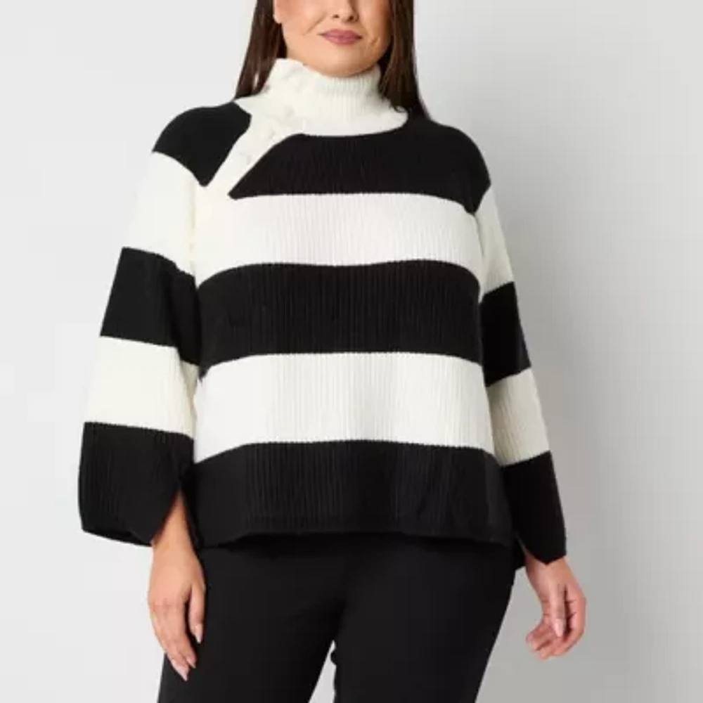 Liz Claiborne Plus Womens Mock Neck Long Sleeve Striped Pullover Sweater