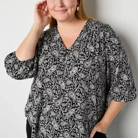 Liz Claiborne Plus Womens V Neck 3/4 Sleeve Blouse