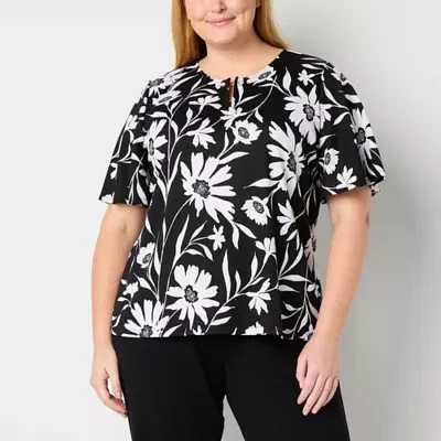 Liz Claiborne Plus Womens Keyhole Neck Short Sleeve Blouse