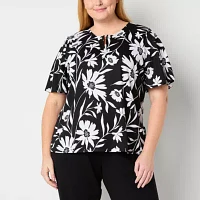 Liz Claiborne Plus Womens Keyhole Neck Short Sleeve Blouse