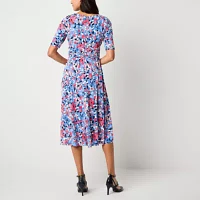 Jessica Howard Womens Short Sleeve Floral Midi Fit + Flare Dress