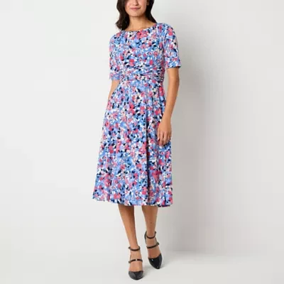 Jessica Howard Womens Short Sleeve Floral Midi Fit + Flare Dress