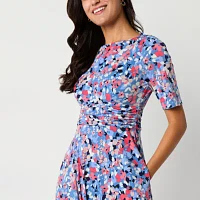 Jessica Howard Womens Short Sleeve Floral Midi Fit + Flare Dress