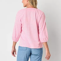 St. John's Bay Womens Split Crew Neck Long Sleeve Embroidered Blouse