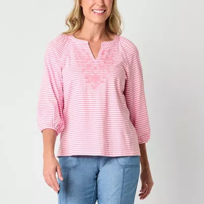 St. John's Bay Womens Split Crew Neck Long Sleeve Embroidered Blouse