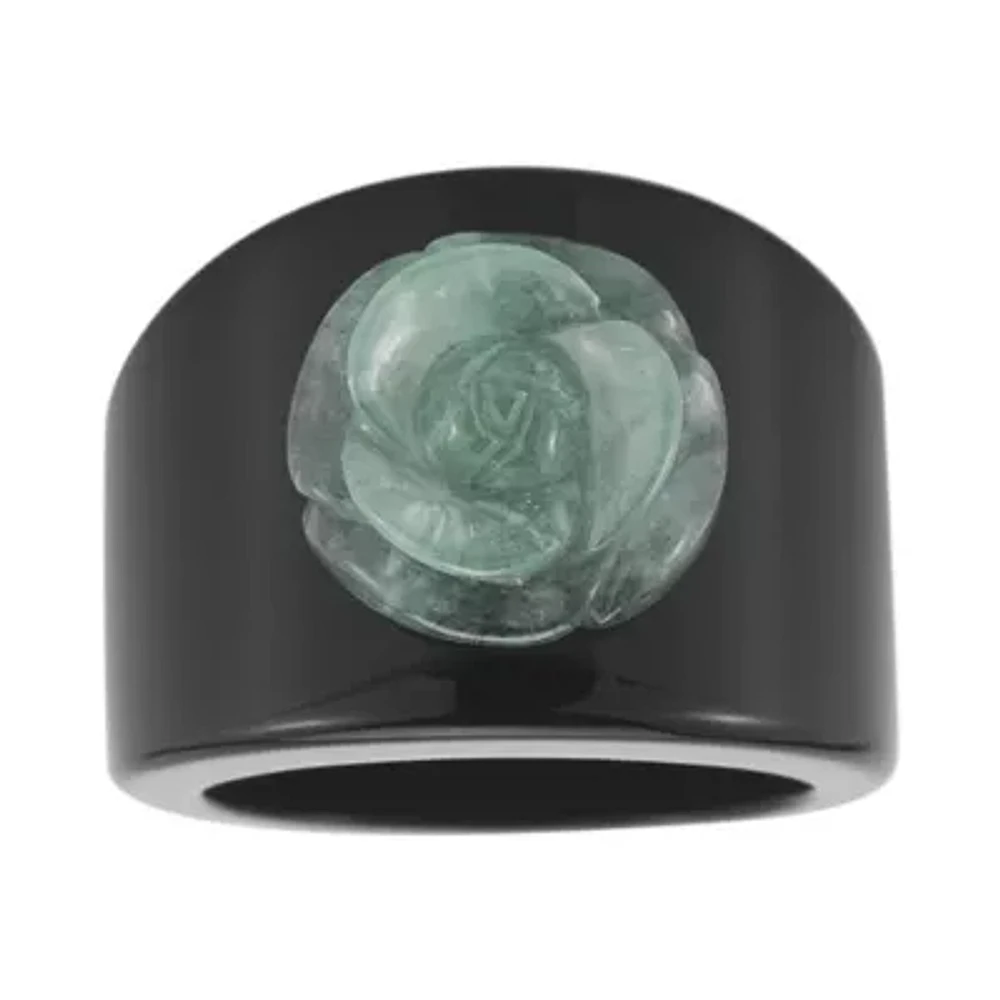 Jade & Onyx Carved Flower Ring