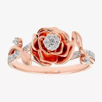 Enchanted Disney Fine Jewelry Womens 1/10 CT. T.W. Natural White Diamond 10K Rose Gold Flower Beauty and the Beast Belle Princess Cocktail Ring