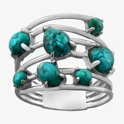 Womens Enhanced Blue Turquoise Sterling Silver Round Cocktail Ring