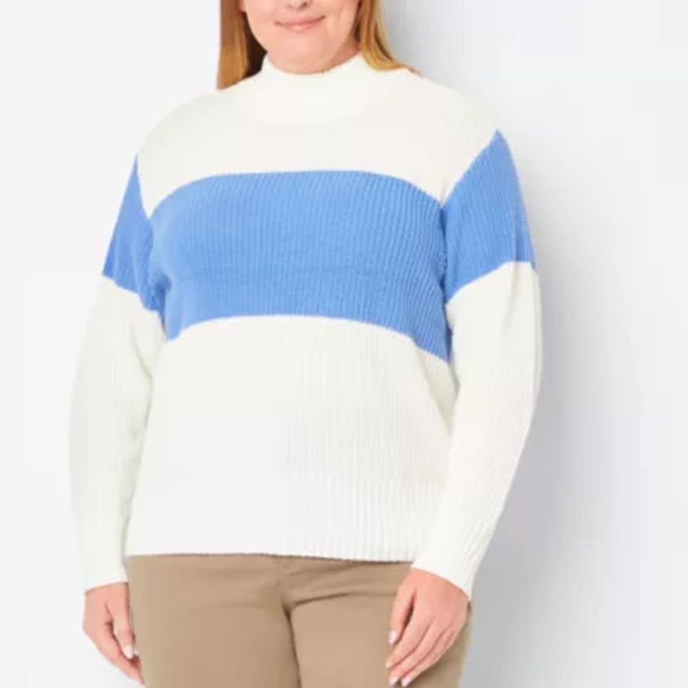 St. John's Bay Plus Womens Mock Neck Long Sleeve Striped Pullover Sweater