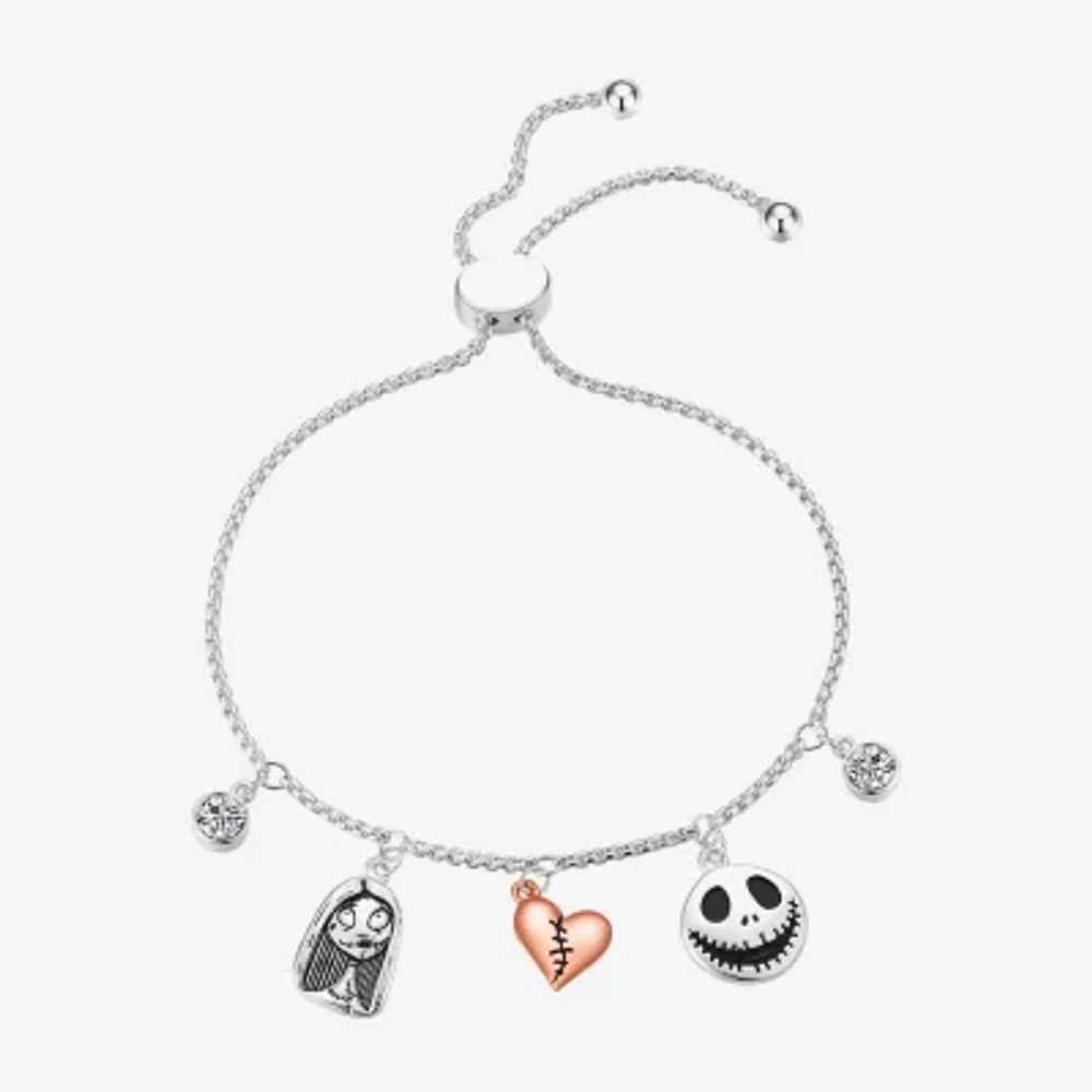 Disney Classics Sally & Jack Skellington Cubic Zirconia 18K Rose Gold Over Brass Pure Silver Over Brass 8 1/2 Inch Box Heart Nightmare Before Christmas Bolo Bracelet