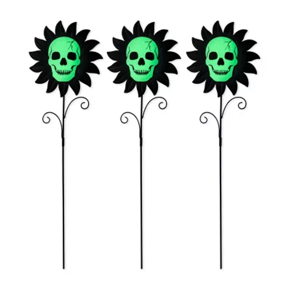 Glitzhome "24""Metal Sunflower Skulls Yard Stake" Halloween Yard Art