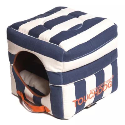 The Pet Life Touchdog Polo-Striped Convertible and Reversible Squared 2-in-1 Collapsible Dog House Bed