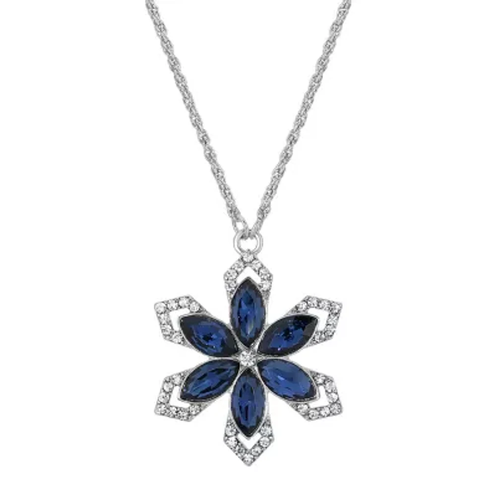 1928 Silver Tone Crystal 16 Inch Link Flower Pendant Necklace