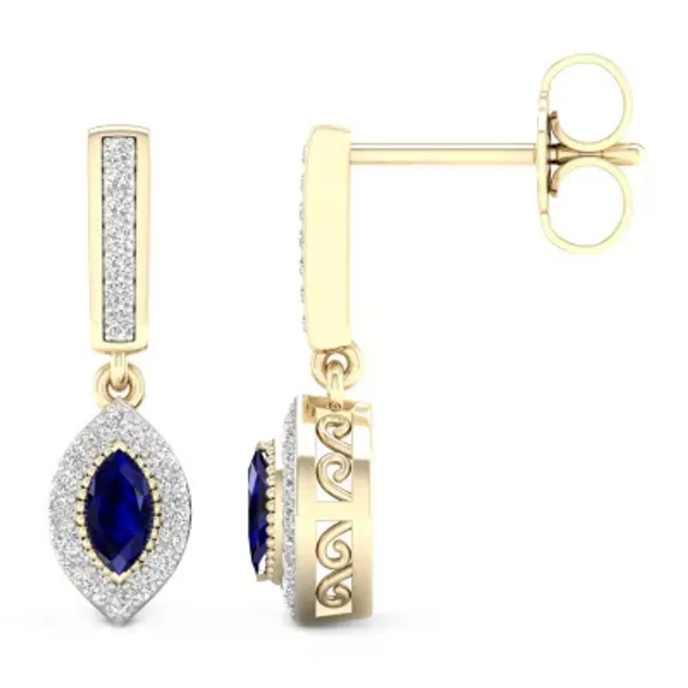 Genuine Blue Sapphire 10K Gold Marquise Drop Earrings