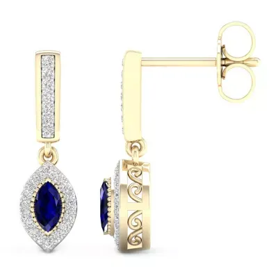 Genuine Blue Sapphire 10K Gold Marquise Drop Earrings