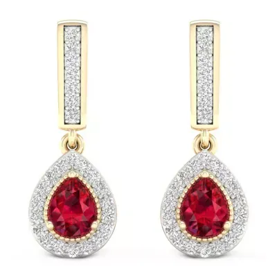 Lead Glass-Filled Red Ruby 10K Gold Drop Earrings