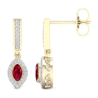 Lead Glass-Filled Red Ruby 10K Gold Drop Earrings