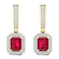 Lead Glass-Filled Red Ruby 10K Gold Drop Earrings