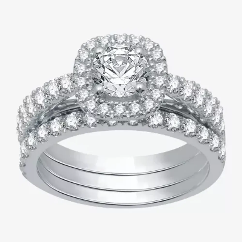 (H-I / I1) Womens 2 CT. T.W. Lab Grown White Diamond 10K Gold Cushion Side Stone Halo Bridal Set