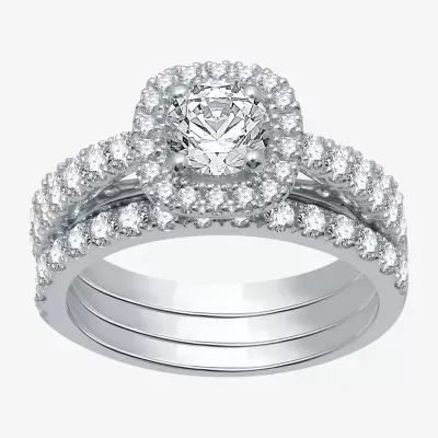 (H-I / I1) Womens 2 CT. T.W. Lab Grown White Diamond 10K Gold Cushion Side Stone Halo Bridal Set