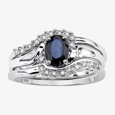 DiamonArt® Womens 1 1/10 CT. T.W.  Genuine Blue Sapphire Platinum Over Silver Oval Bridal Set