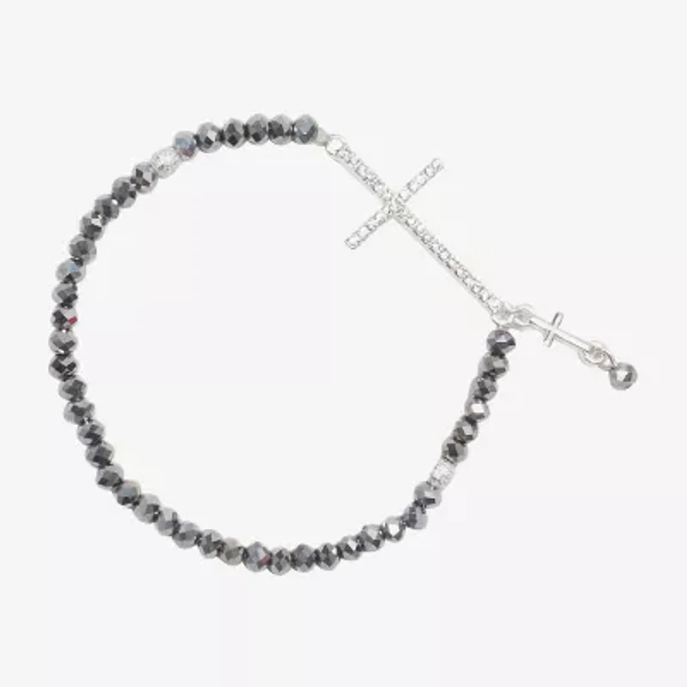 Bijoux Bar Delicates Silver Tone Glass 7.5 Inch Bead Cross Stretch Bracelet