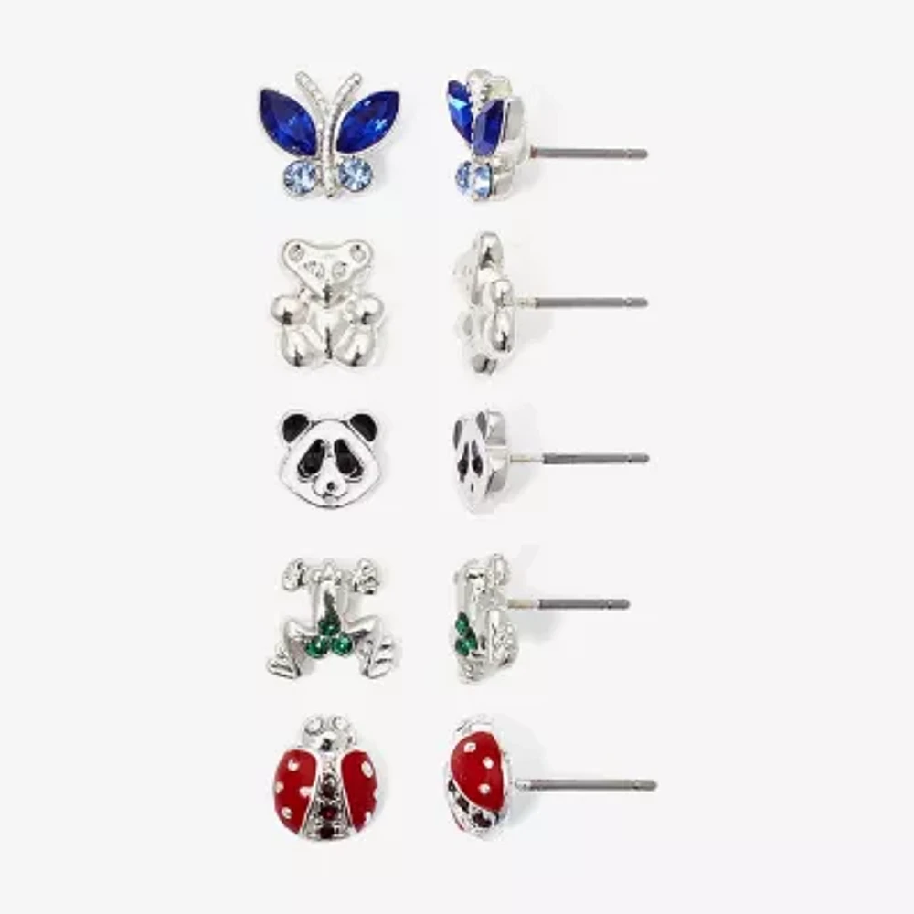 Mixit Hypoallergenic Silver Tone Stud Panda Bear Frog Ladybug 5 Pair Butterfly Earring Set