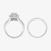 (I / SI2) Womens 1 CT. T.W. Lab Grown White Diamond 10K or 14K Gold Cushion Side Stone Halo Bridal Set