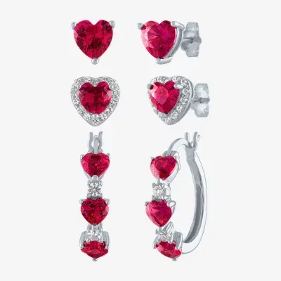 Gemstone Sterling Silver Heart 3 Pair Earring Set