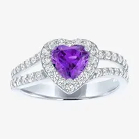 Womens Lab Created Purple Amethyst Sterling Silver Heart Halo Side Stone Cocktail Ring