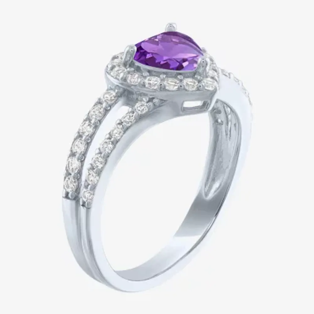 Womens Lab Created Purple Amethyst Sterling Silver Heart Halo Side Stone Cocktail Ring