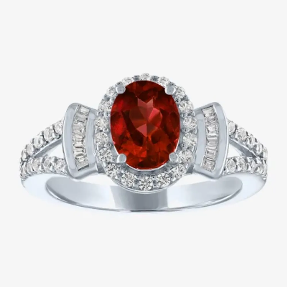 Womens Genuine Red Garnet Sterling Silver Oval Cocktail Ring