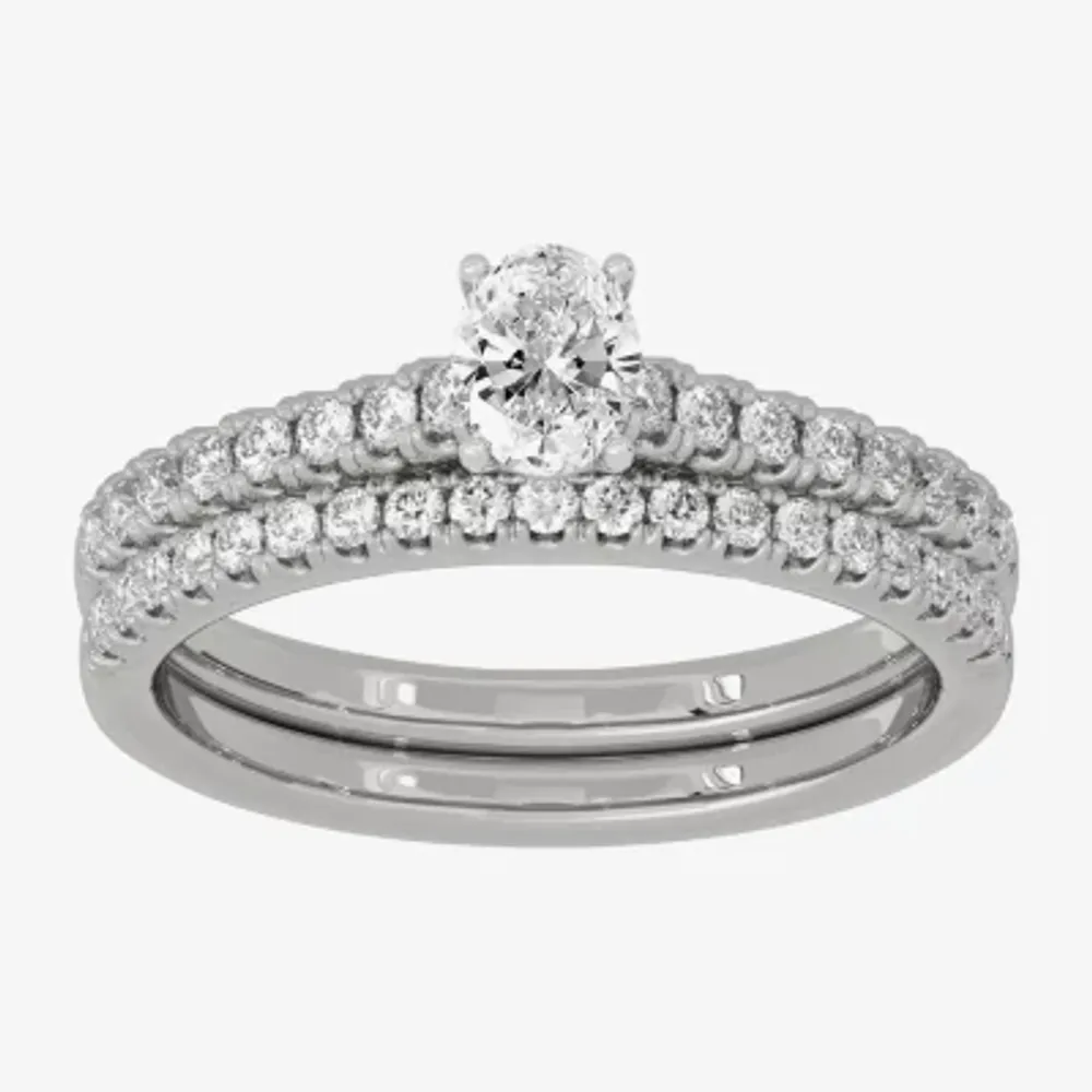 H-I / Si1-Si2) Womens / CT. T.W. Lab Grown White Diamond 10K Gold Oval Side Stone Halo Bridal Set