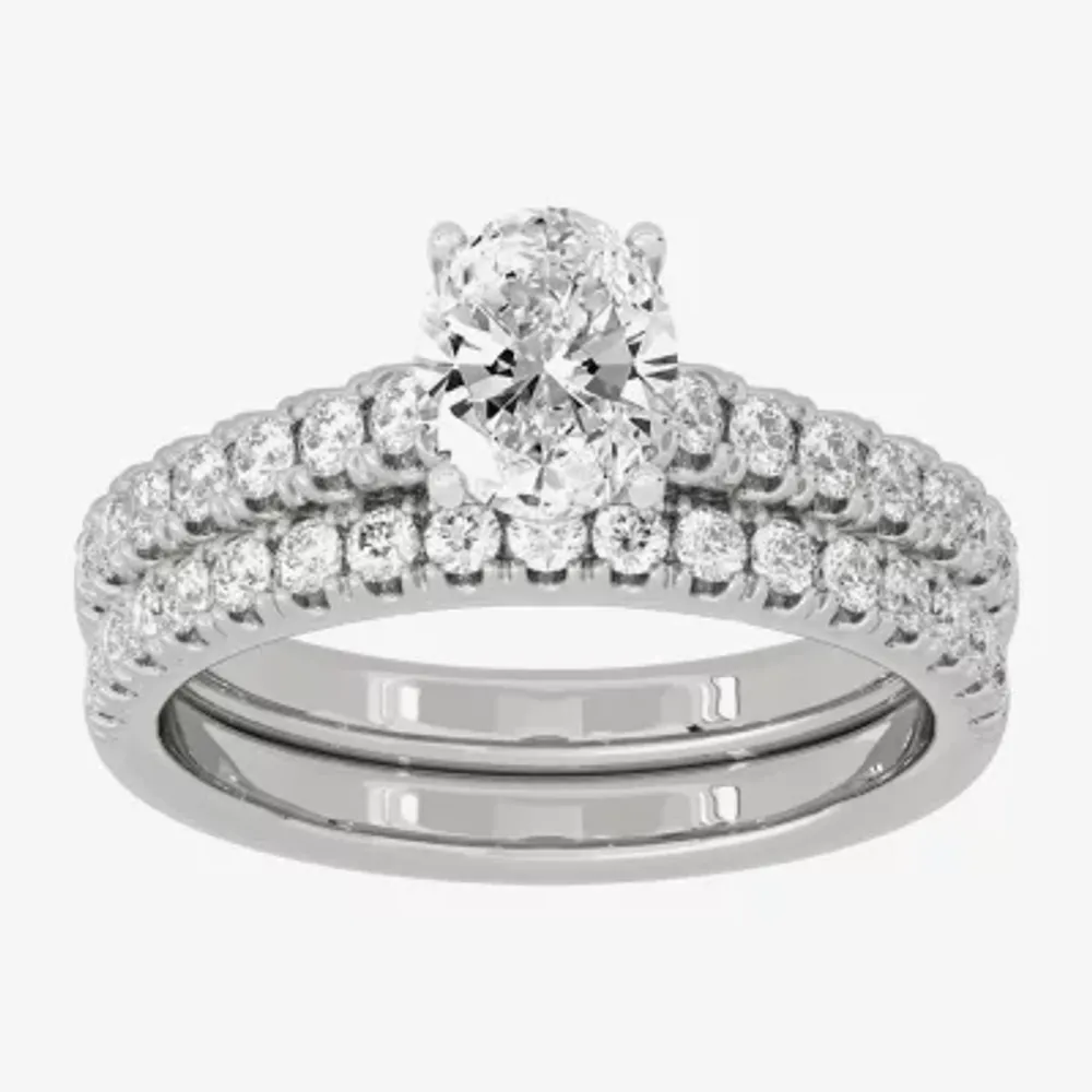 (H-I / Si1-Si2) Womens 1 1/2 CT. T.W. Lab Grown White Diamond 10K Gold Round Side Stone Halo Bridal Set