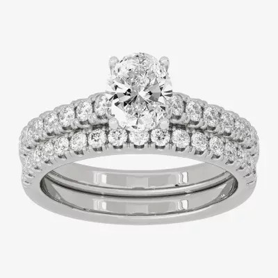 (H-I / Si1-Si2) Womens 1 1/2 CT. T.W. Lab Grown White Diamond 10K Gold Round Side Stone Halo Bridal Set