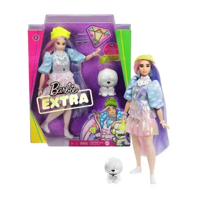 Barbie Extra Doll #2 In Shimmery Look With Pet Puppy, Pink, And Purple Fantasy Hair