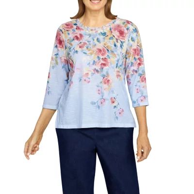 Alfred Dunner Shenandoah Valley Womens Crew Neck 3/4 Sleeve T-Shirt