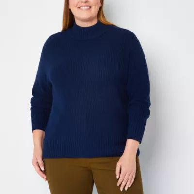 St. John's Bay Plus Womens Mock Neck Long Sleeve Striped Pullover Sweater